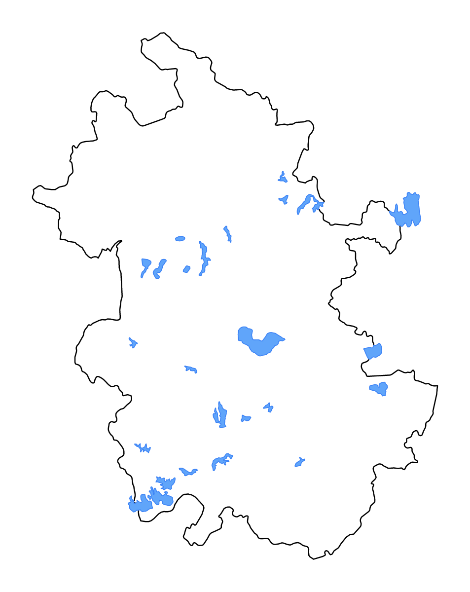Mapa de contorno de Anhui, China con lagos y ríos.