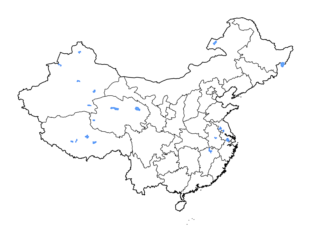 Mapa de contorno de China con límites administrativos internos, lagos y ríos.