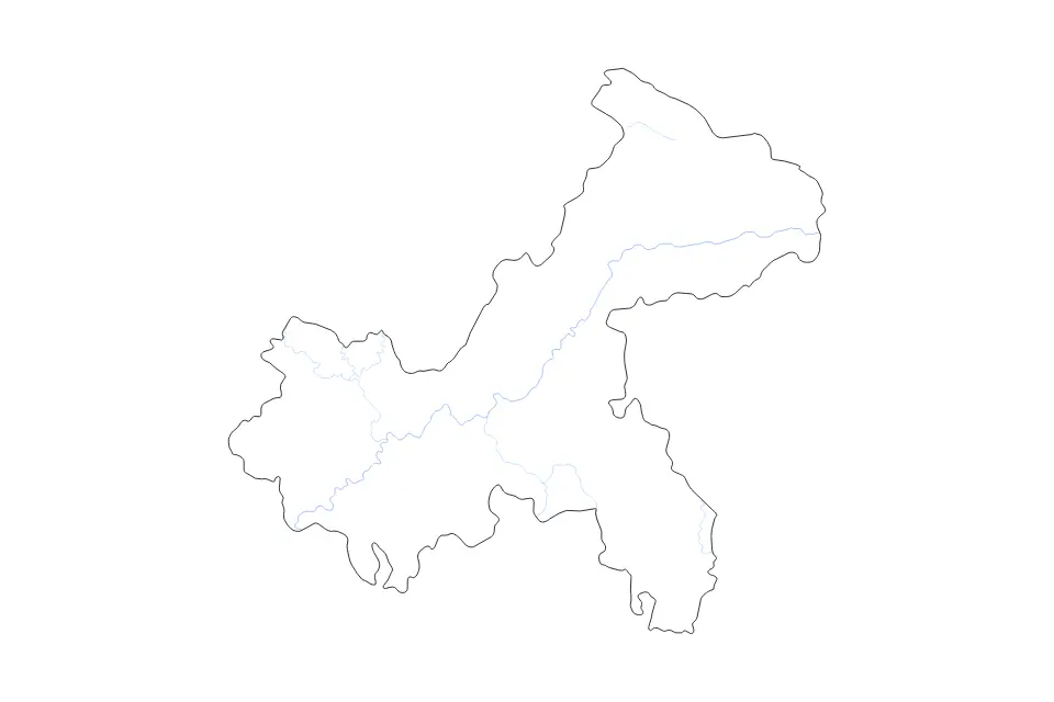Outline map of Chongqing Municipality, China with subdivision borders and rivers.