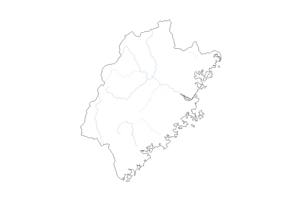 Outline map of Fujian, China with subdivision borders and rivers.