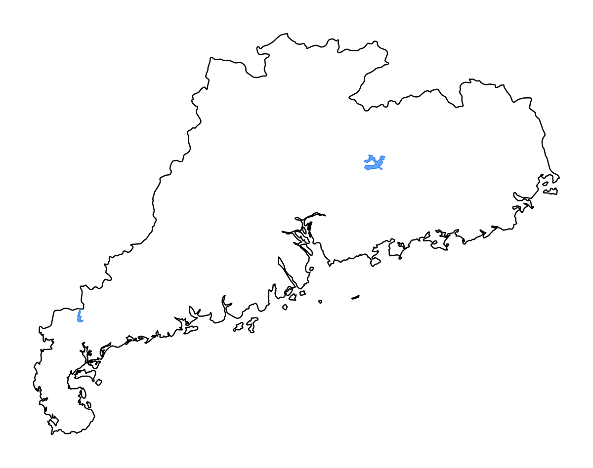 Outline map of Guangdong, China with lakes and rivers.