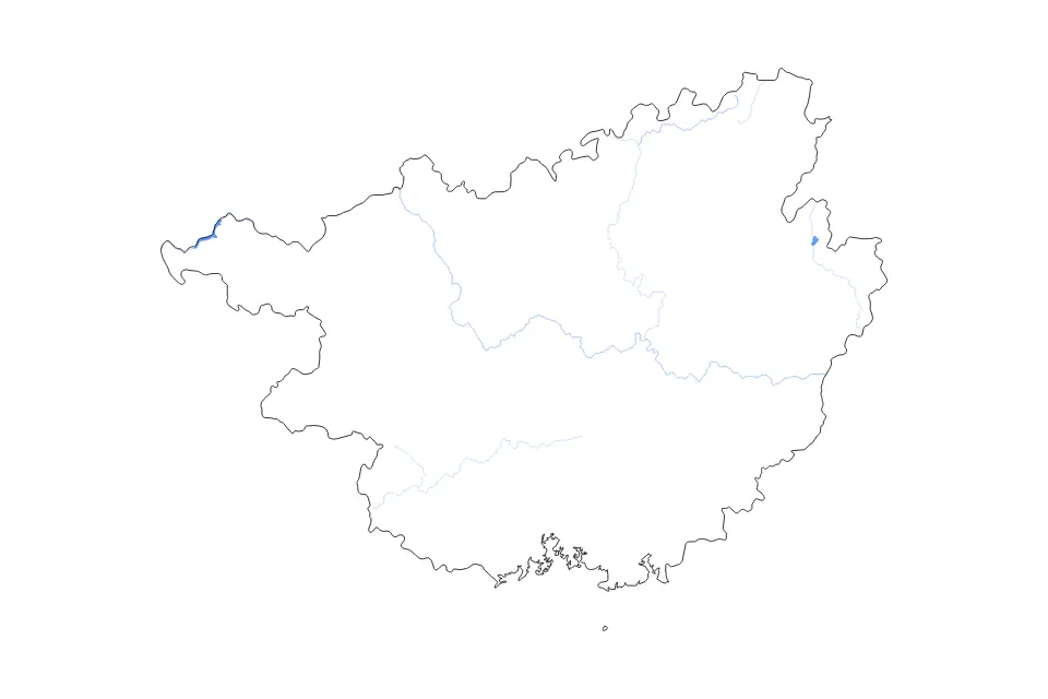 Outline map of Guangxi Autonomous Region, China with subdivision borders and major lakes and rivers.