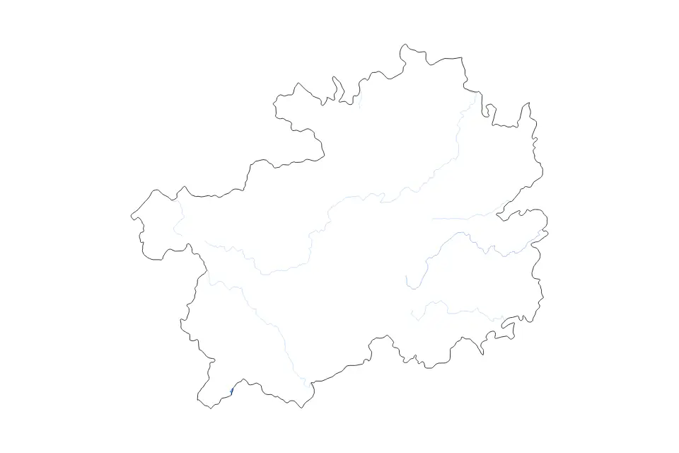 Outline map of Guizhou, China with subdivision borders and major lakes and rivers.