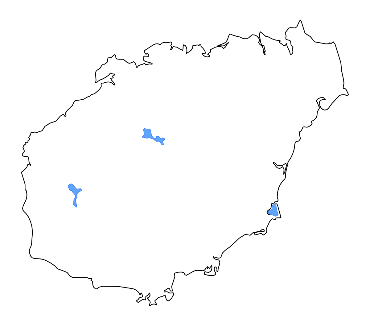 Outline map of Hainan, China with lakes and rivers.