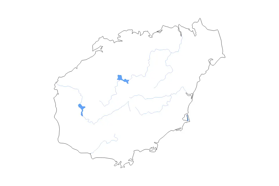 Outline map of Hainan, China with subdivision borders and major lakes and rivers.