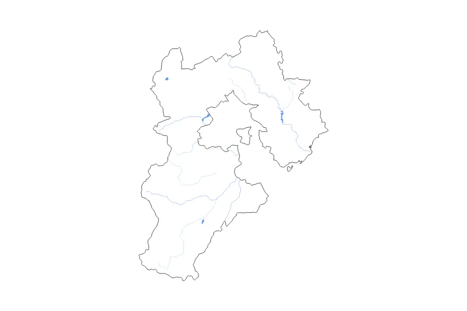 Outline map of Hebei, China with subdivision borders and major lakes and rivers.