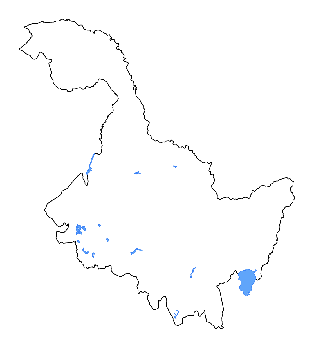 Outline map of Heilongjiang, China with lakes and rivers.