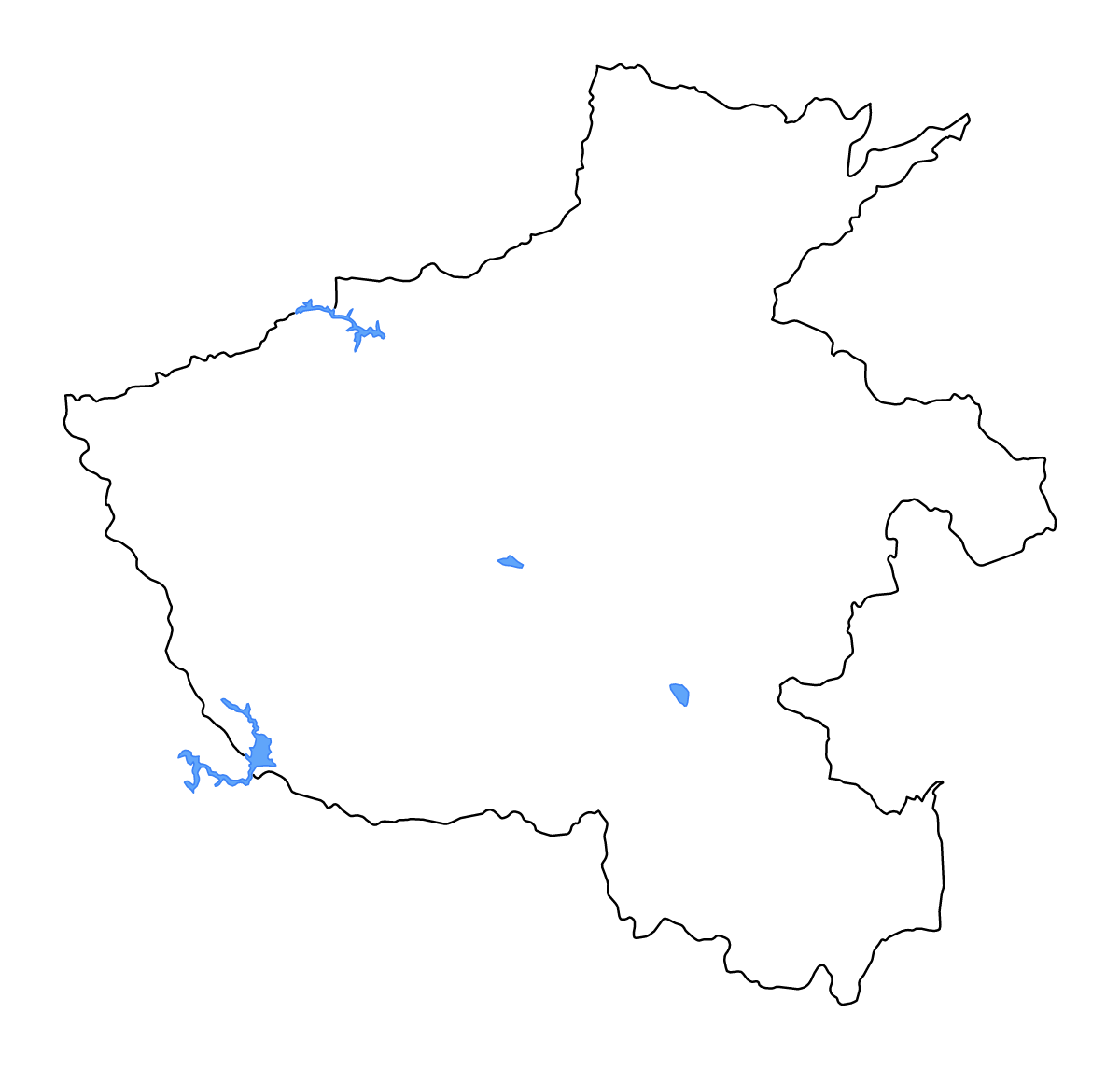 Outline map of Henan, China with lakes and rivers.