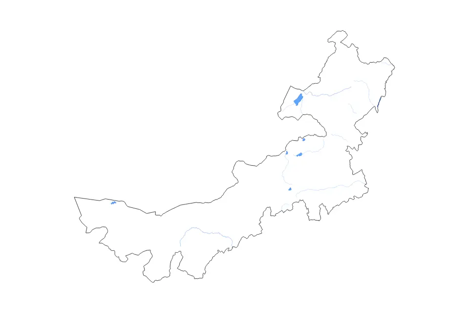 Outline map of Inner Mongolia Autonomous Region, China with subdivision borders and major lakes and rivers.