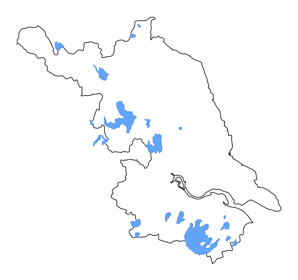 Carte de contour de Jiangsu, China avec lacs et rivières.