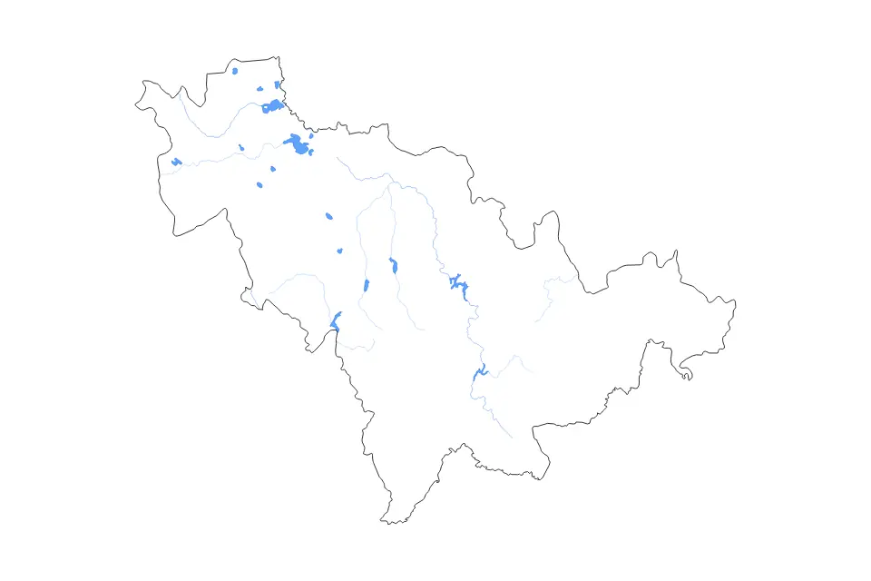 Outline map of Jilin, China with subdivision borders and major lakes and rivers.