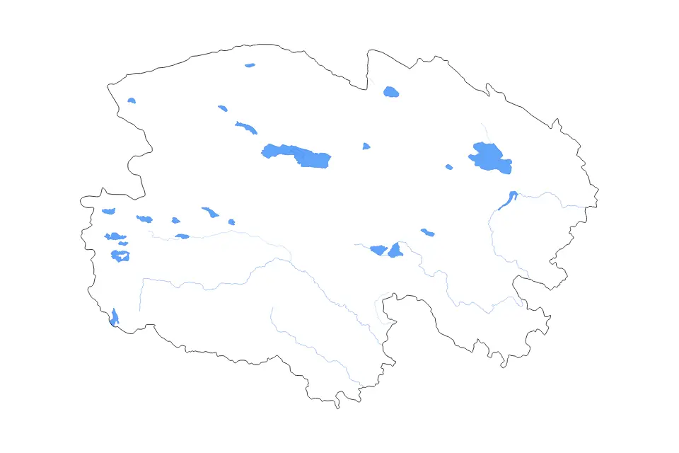 Outline map of Qinghai, China with subdivision borders and major lakes and rivers.