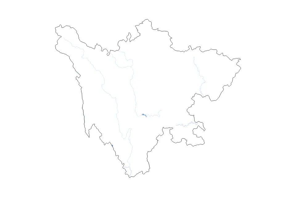 Outline map of Sichuan, China with subdivision borders and major lakes and rivers.