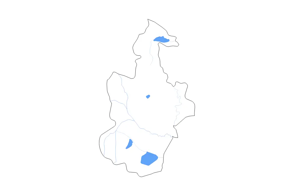 Outline map of Tianjin Municipality, China with subdivision borders and major lakes and rivers.