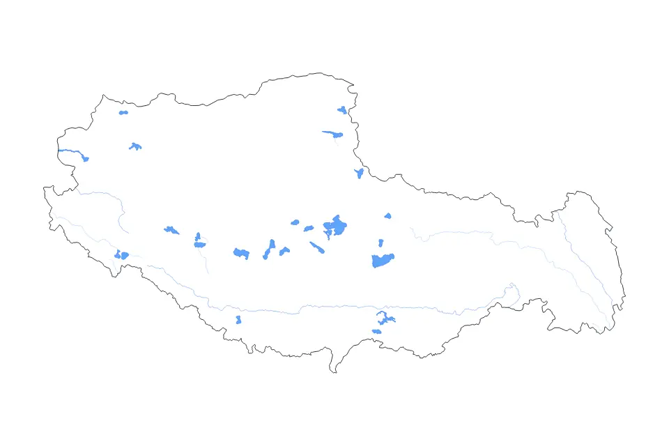 Outline map of Tibet Autonomous Region, China with subdivision borders and major lakes and rivers.
