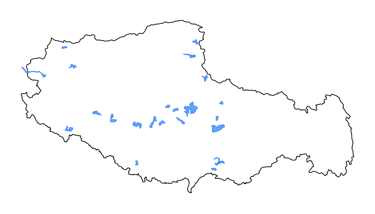 Mapa de contorno de Tibet, China con lagos y ríos.