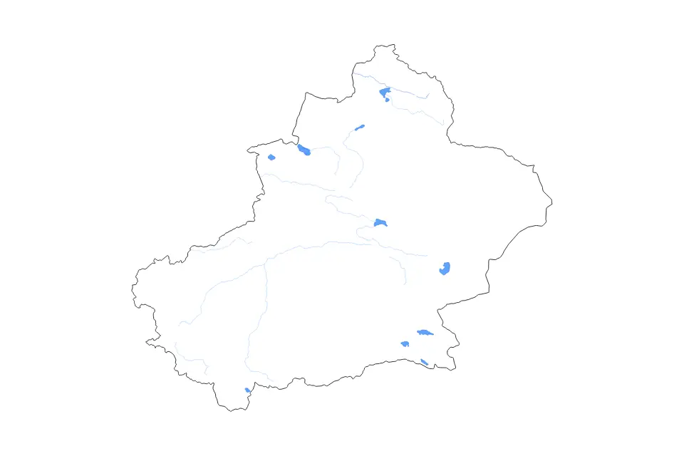 Outline map of Xinjiang Autonomous Region, China with subdivision borders and major lakes and rivers.