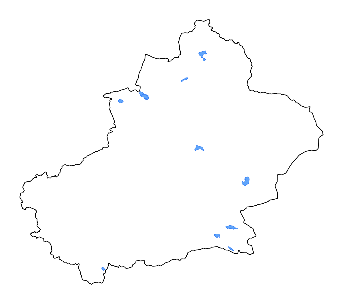 Mapa de contorno de Xinjiang, China con lagos y ríos.