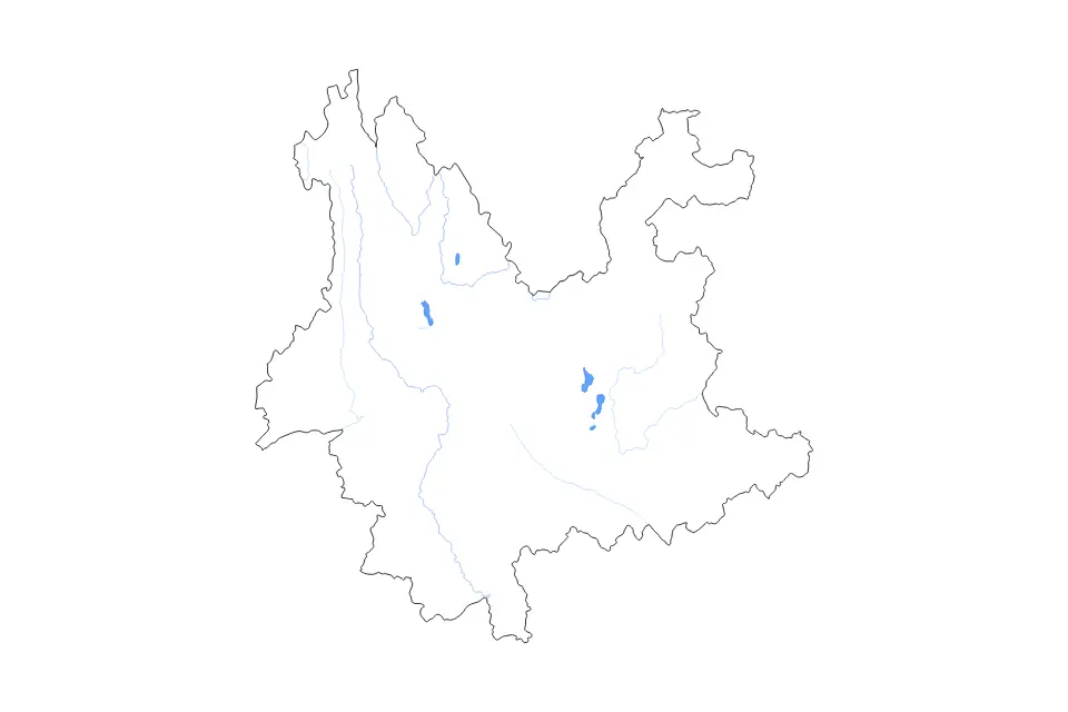 Outline map of Yunnan, China with subdivision borders and major lakes and rivers.