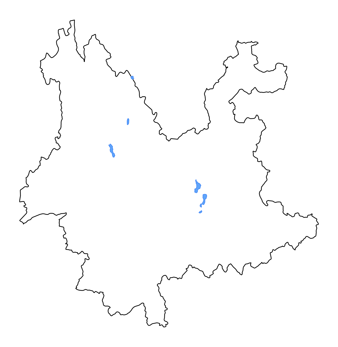 Mapa de contorno de Yunnan, China con lagos y ríos.