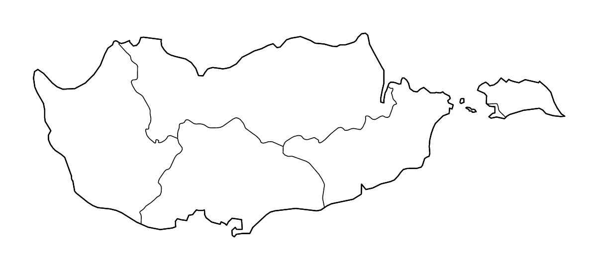 Mapa de contorno de Cyprus con límites administrativos internos y ríos.