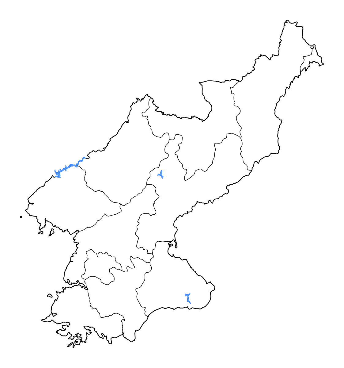 Mapa de contorno de Dem. Rep. Korea con límites administrativos internos, lagos y ríos.