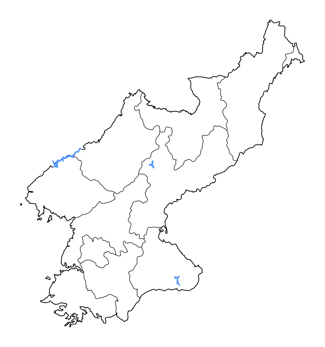 Mapa de contorno de Dem. Rep. Korea con límites administrativos internos, lagos y ríos.