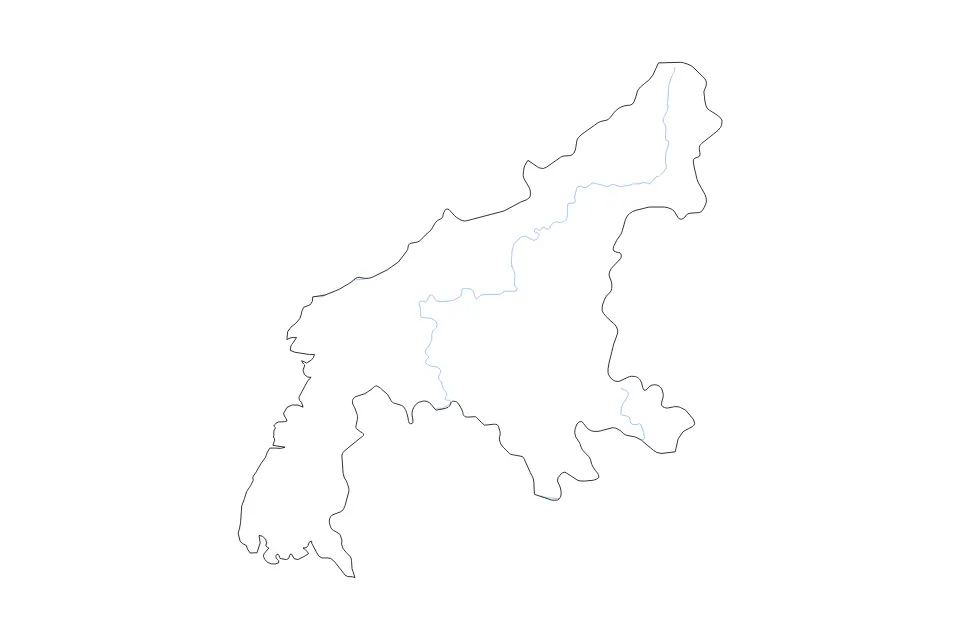 Outline map of South Pyongan, Dem Rep Korea with subdivision borders and rivers.