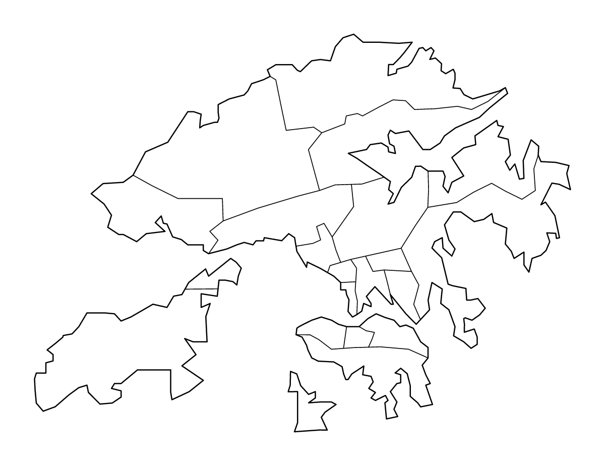 Mapa de contorno de Hong Kong con límites administrativos internos.