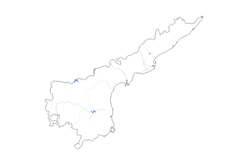 Outline map of Andhra Pradesh, India with subdivision borders and major lakes and rivers.