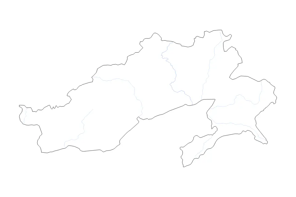 Outline map of Arunachal Pradesh, India with subdivision borders and rivers.