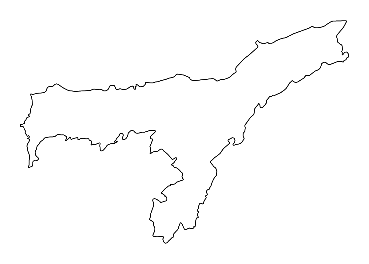 Mapa de contorno de Assam, India con ríos.