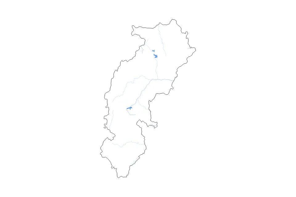 Outline map of Chhattisgarh, India with subdivision borders and major lakes and rivers.
