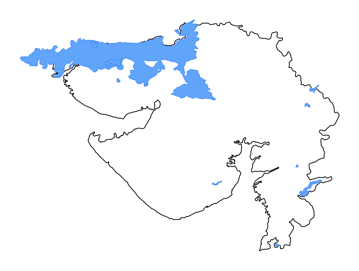 Outline map of Gujarat, India with lakes and rivers.