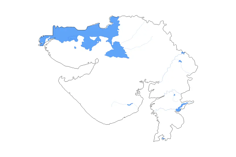 Outline map of Gujarat Administrative Area, India with subdivision borders and major lakes and rivers.