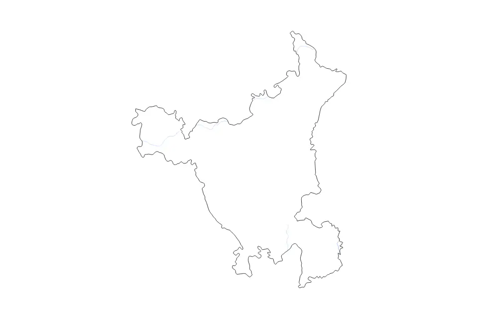 Outline map of Haryana, India with subdivision borders and rivers.