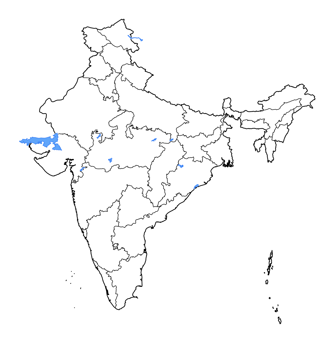 Mapa de contorno de India con límites administrativos internos, lagos y ríos.