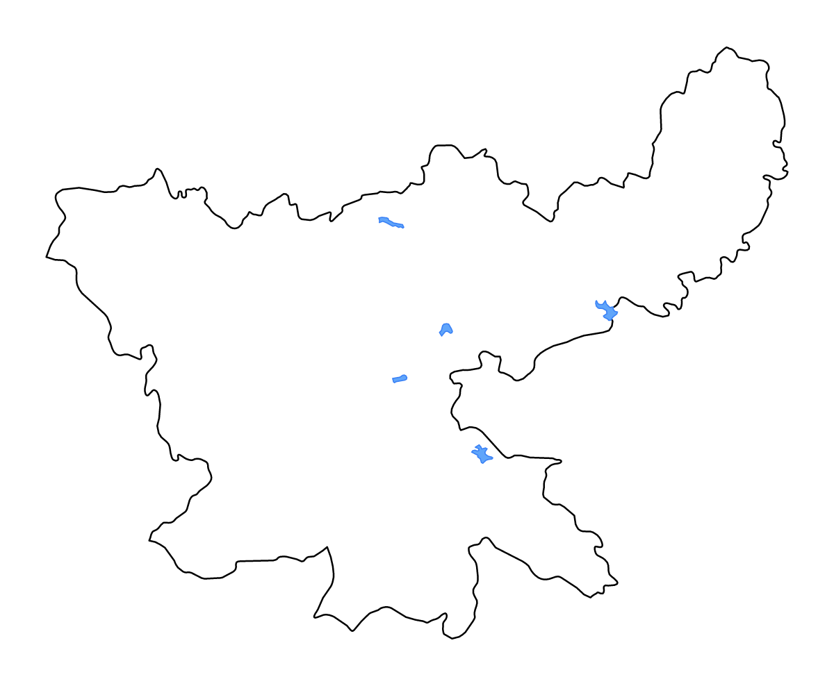 Carte de contour de Jharkhand, India avec lacs et rivières.