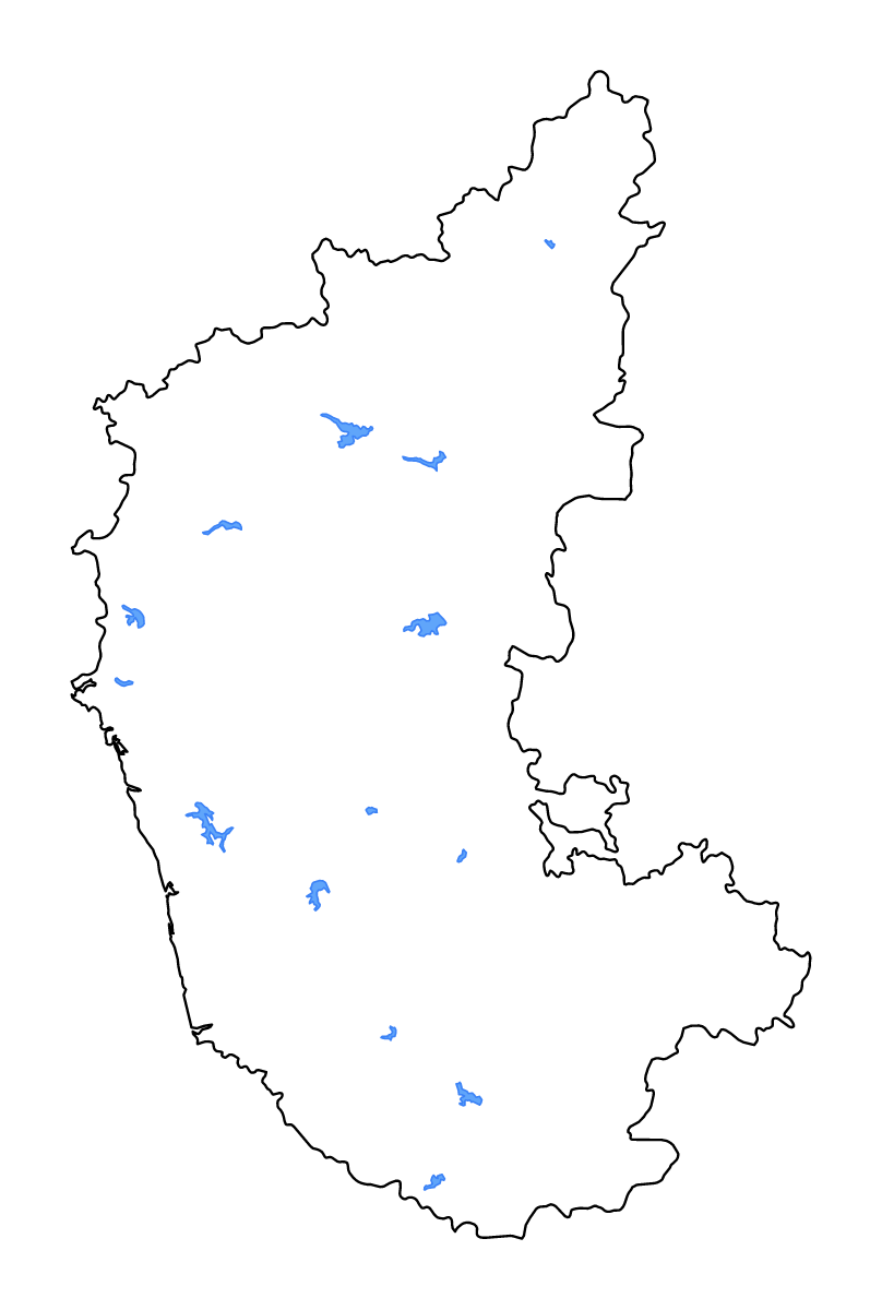 Carte de contour de Karnataka, India avec lacs et rivières.