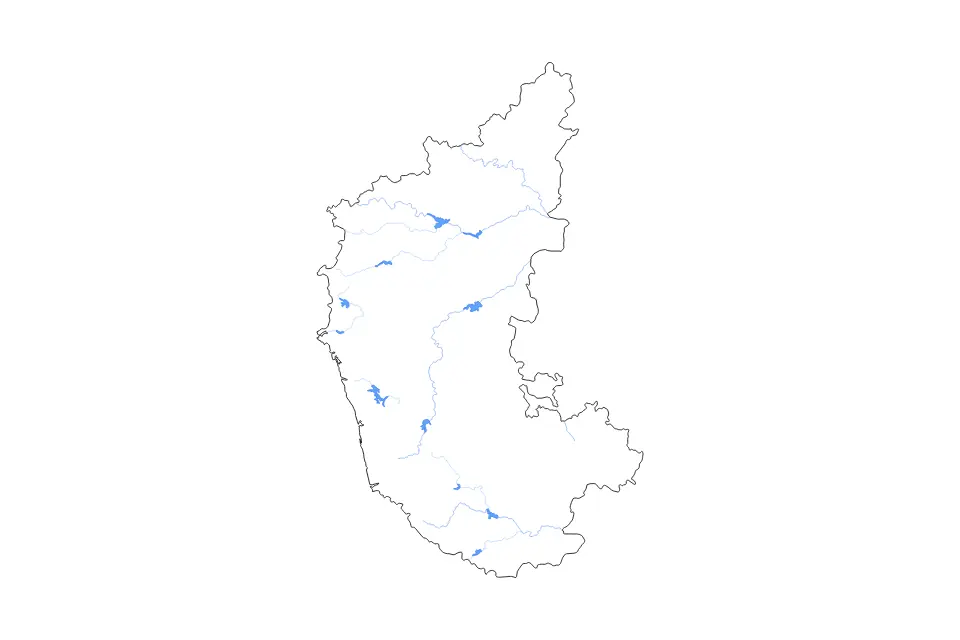 Outline map of Karnataka, India with subdivision borders and major lakes and rivers.