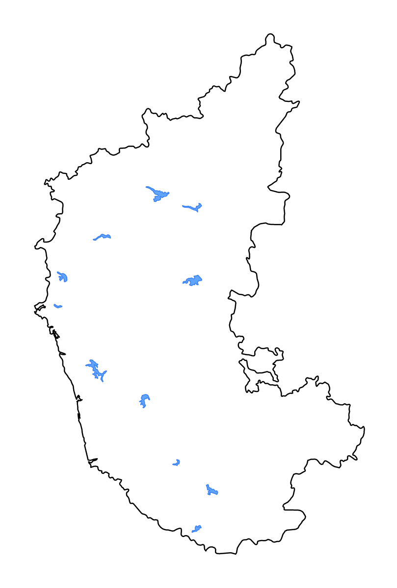 Carte de contour de Karnataka, India avec lacs et rivières.