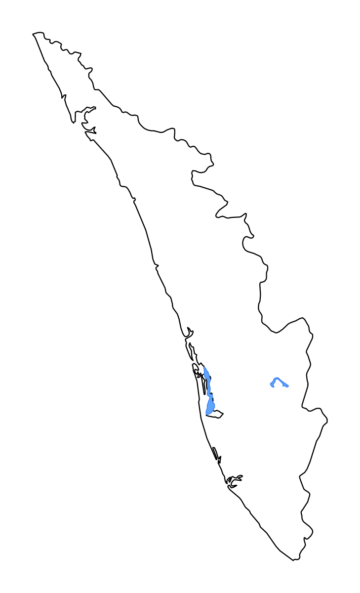 Carte de contour de Kerala, India avec lacs et rivières.