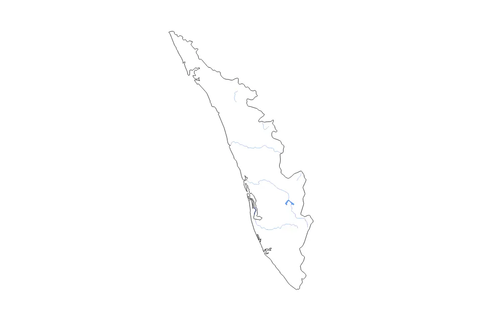 Outline map of Kerala, India with subdivision borders and major lakes and rivers.