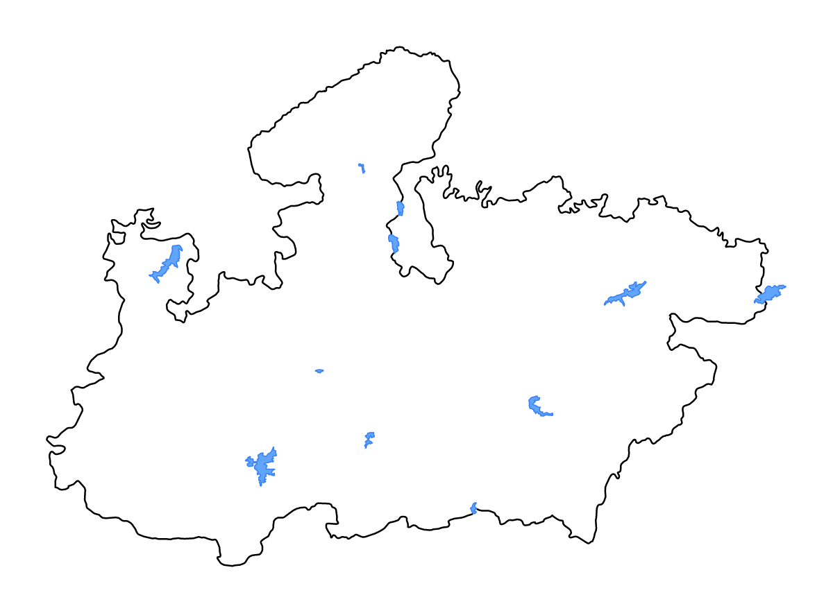 Carte de contour de Madhya Pradesh, India avec lacs et rivières.