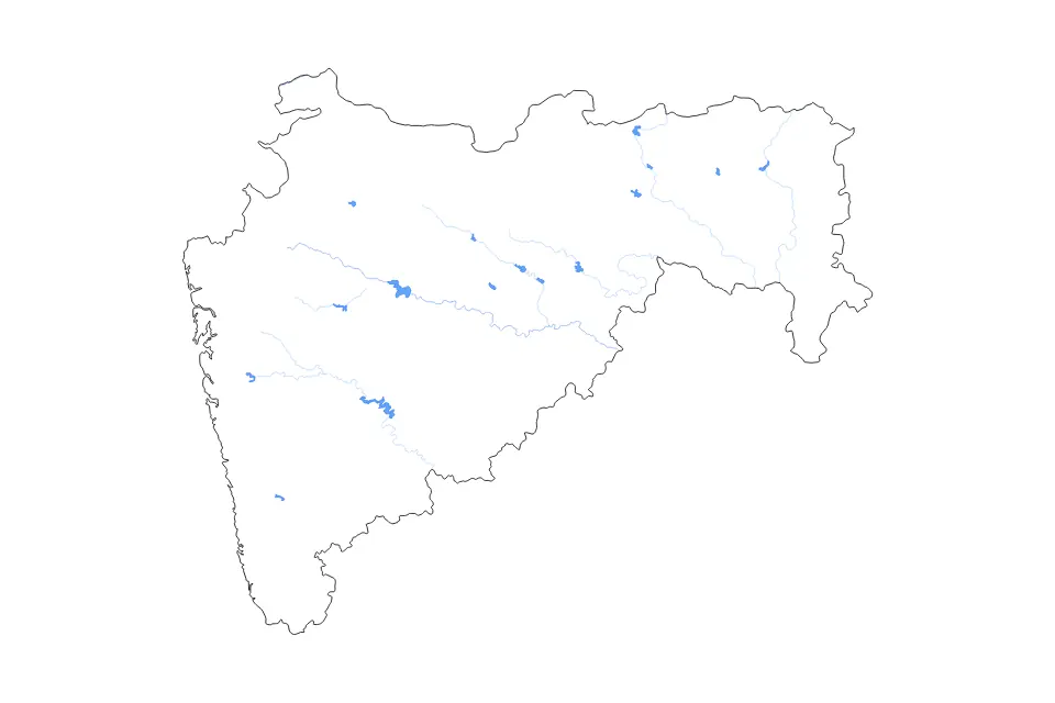 Outline map of Maharashtra, India with subdivision borders and major lakes and rivers.