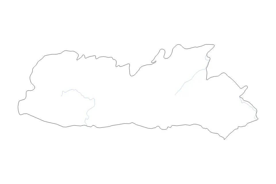 Outline map of Meghalaya, India with subdivision borders and rivers.