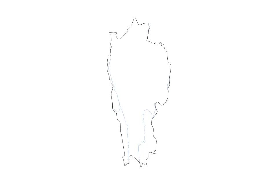 Outline map of Mizoram, India with subdivision borders and rivers.