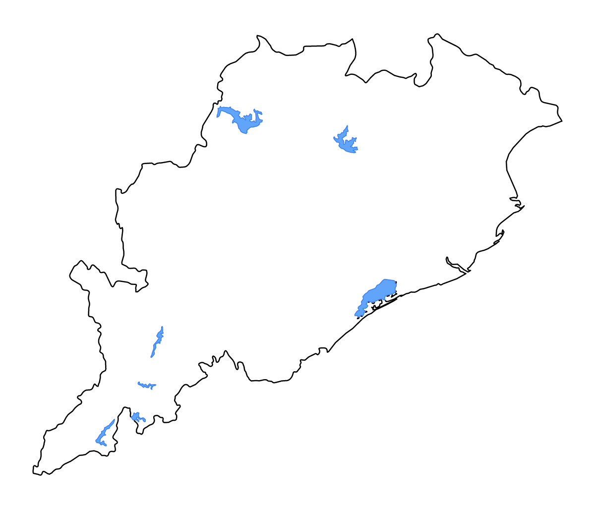 Mapa de contorno de Odisha, India con lagos y ríos.