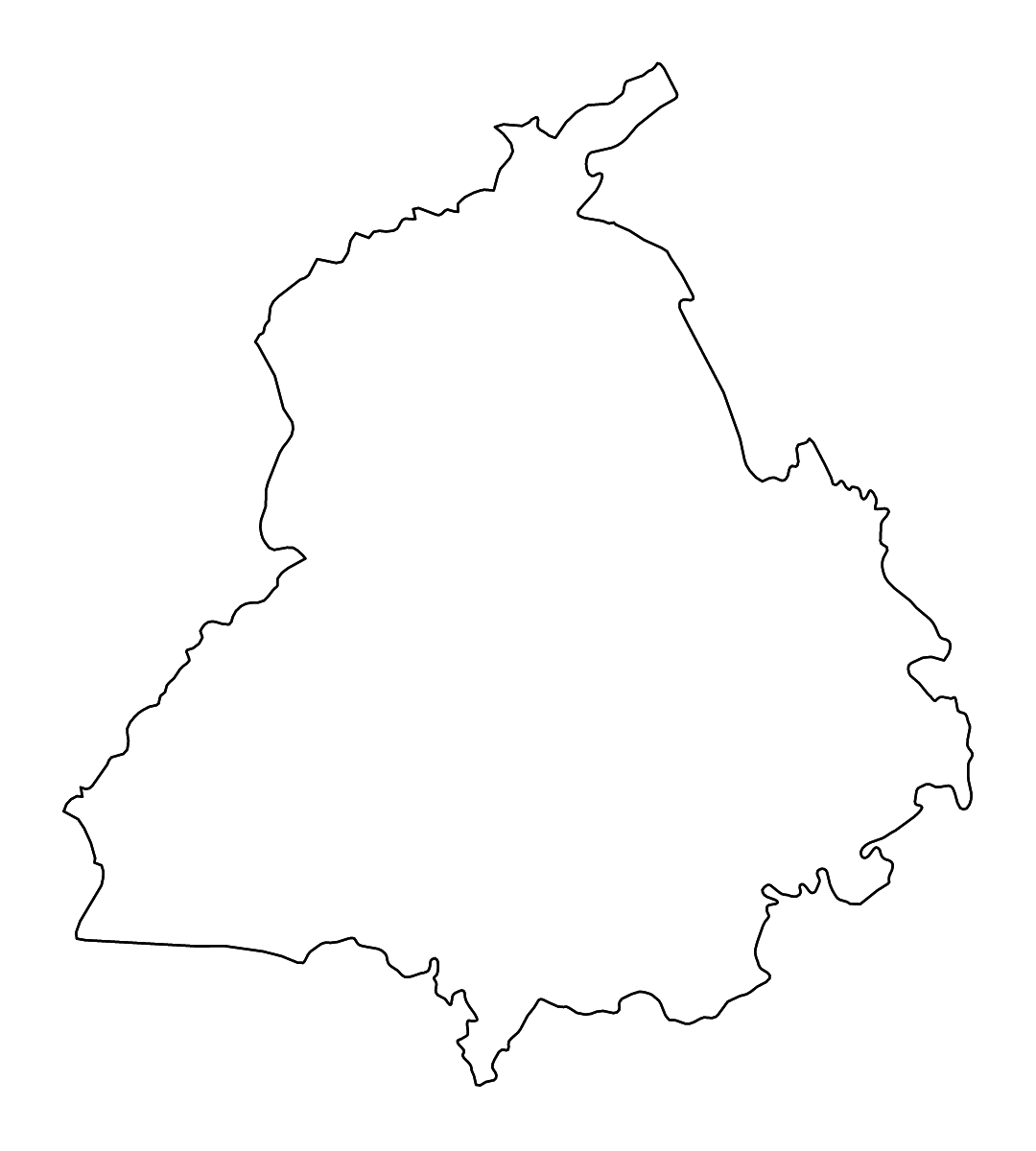 Mapa de contorno de Punjab, India con ríos.