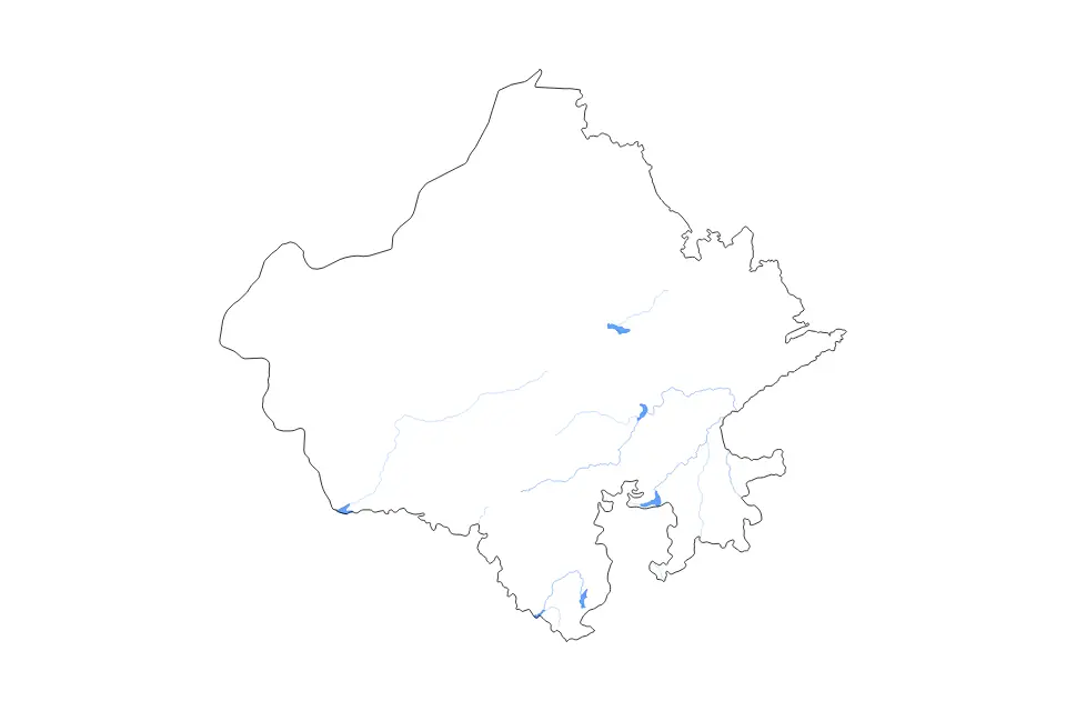 Outline map of Rajasthan, India with subdivision borders and major lakes and rivers.